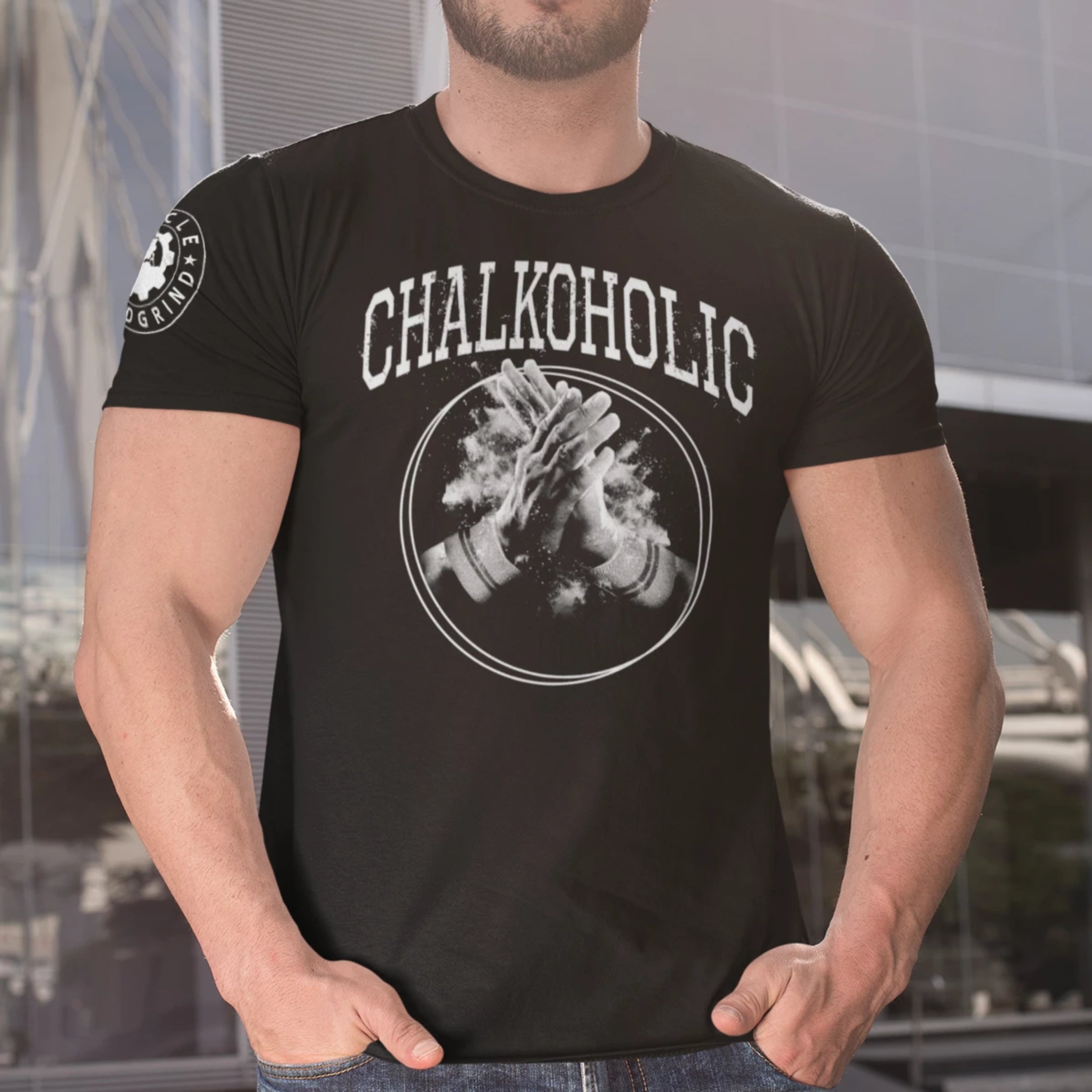 CHALKOHOLIC BLACK POLYBLEND MUSCLEANDGRIND TSHIRT MODEL PRODUCT PICTURE